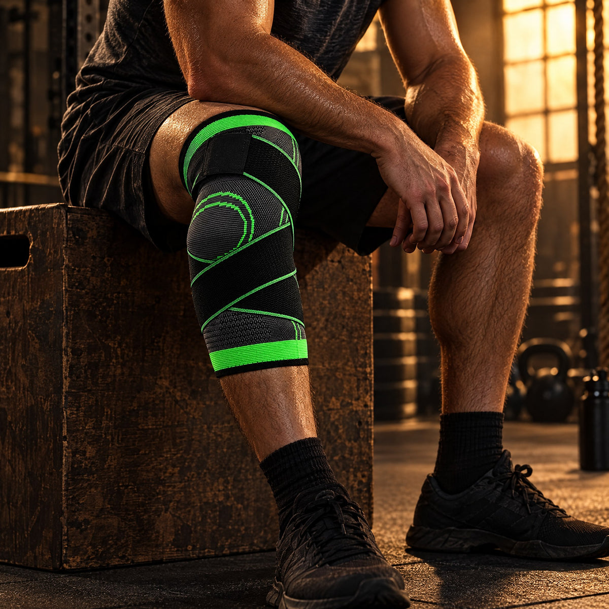 Athlete resting on a plyo box wearing the compression knee sleeve