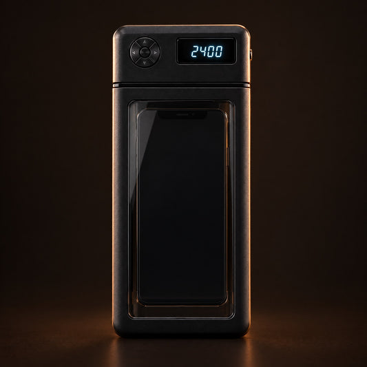 Black timed phone lock box with digital timer on a dark background