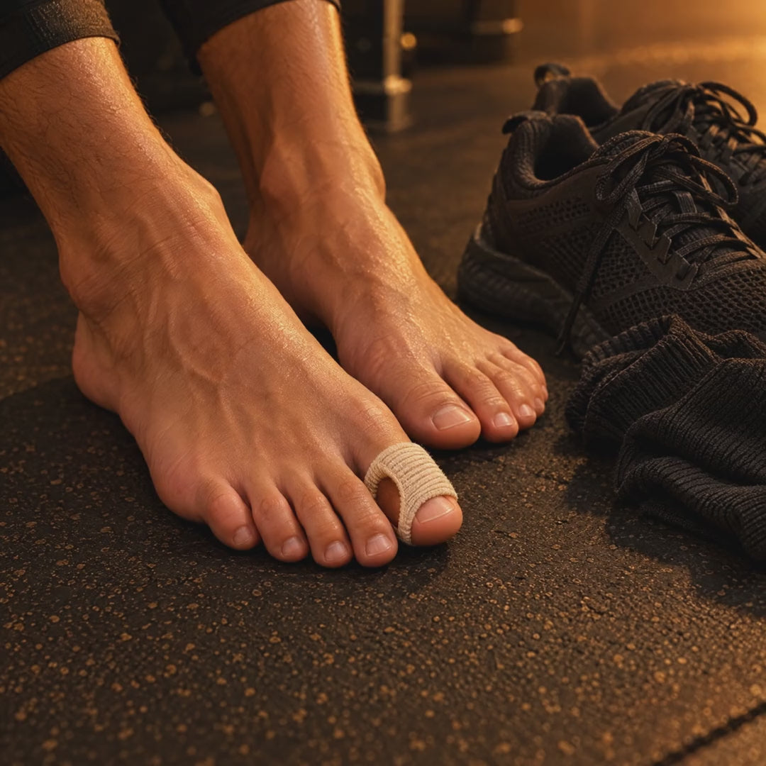 Bare feet resting on a gym floor wearing the gel toe separator