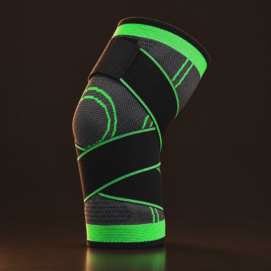 Black and green compression knee sleeve under slowly shifting warm light